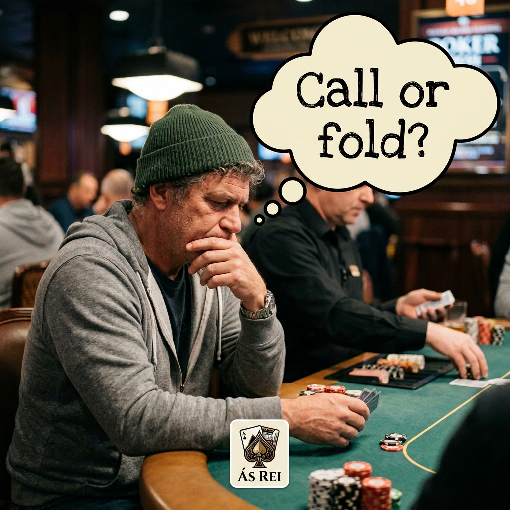 Man sitting at poker table thinking with thought bubble saying 'Call or fold?'