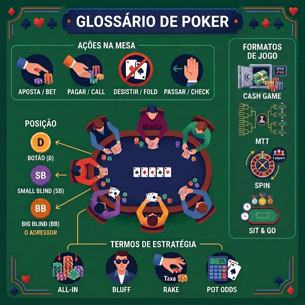 Illustrated poker glossary showing table actions, player positions, strategy terms, and hand rankings.