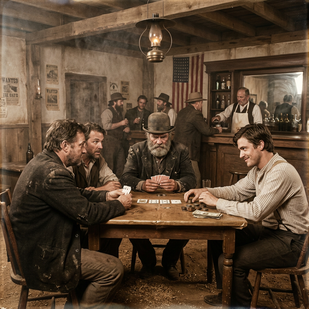 Four men playing cards in a smoky Old West saloon