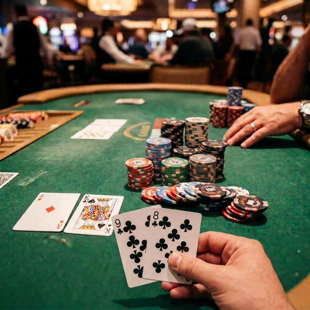 Royal flush cards Ace of spades, King of hearts, Jack of clubs, Ten of diamonds, Queen of spades, with poker chips nearby
