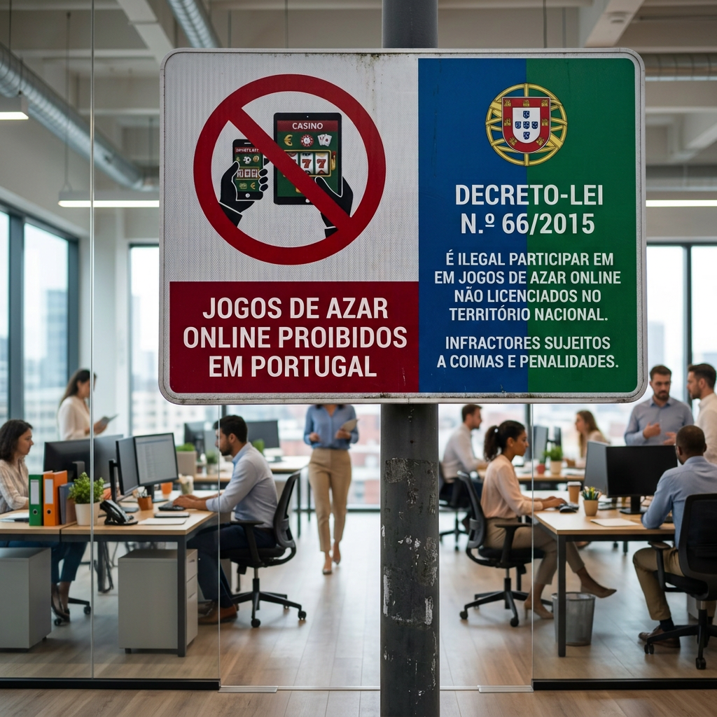 Portuguese sign reading "JOGOS DE AZAR ONLINE PROIBIDOS EM PORTUGAL" and "DECRETO-LEI N.º 66/2015. É ILEGAL PARTICIPAR EM JOGOS DE AZAR ONLINE NÃO LICENCIADOS NO TERRITÓRIO NACIONAL. INFRACTORES SUJEITOS A COIMAS E PENALIDADES."